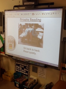 A chart on the Smart Board to support routines and behaviors during independent reading time