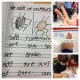 This grouping of photos reminds a child that when he is writing he should: plan, use a 2 finger space, and reread with a partner.